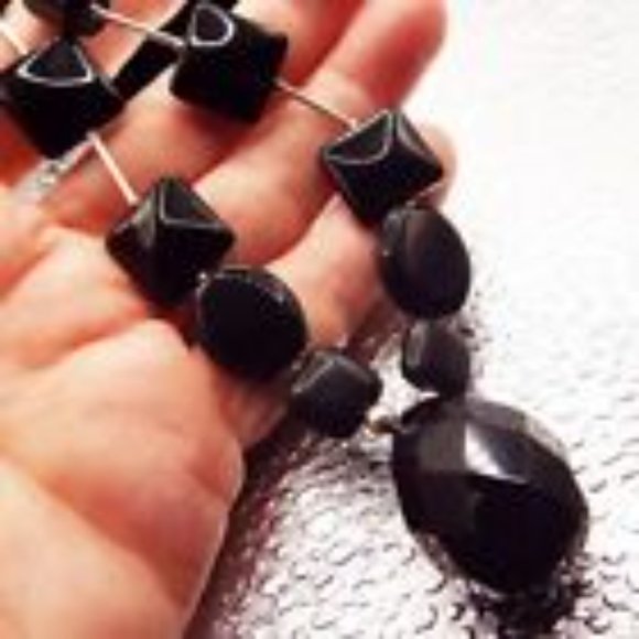 NAVAJO BLACK FACETED POLISHED JET HUGE BRIOLETTE PENDANT SILVER NECKLACE 9 - Picture 2 of 3